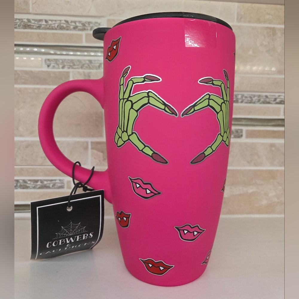 Pink Travel Mug with Green Skeleton Hands and Lips
